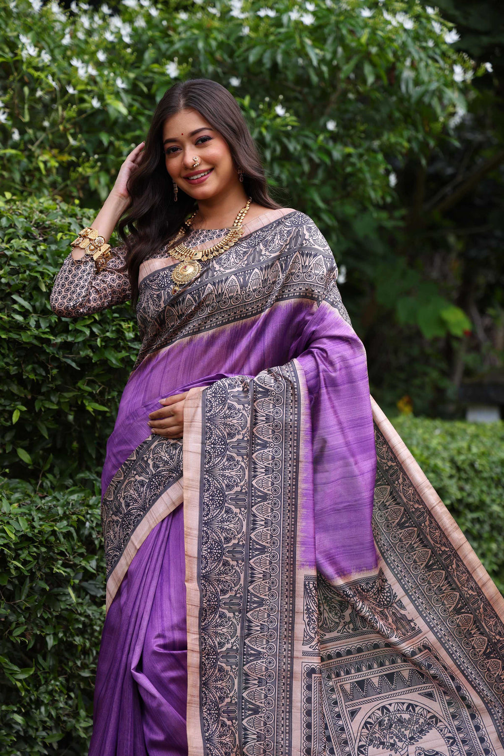 Jyoti Fashion Women's Purple Soft Tussar Silk Madhubani Printed Saree with Blouse - Distacart