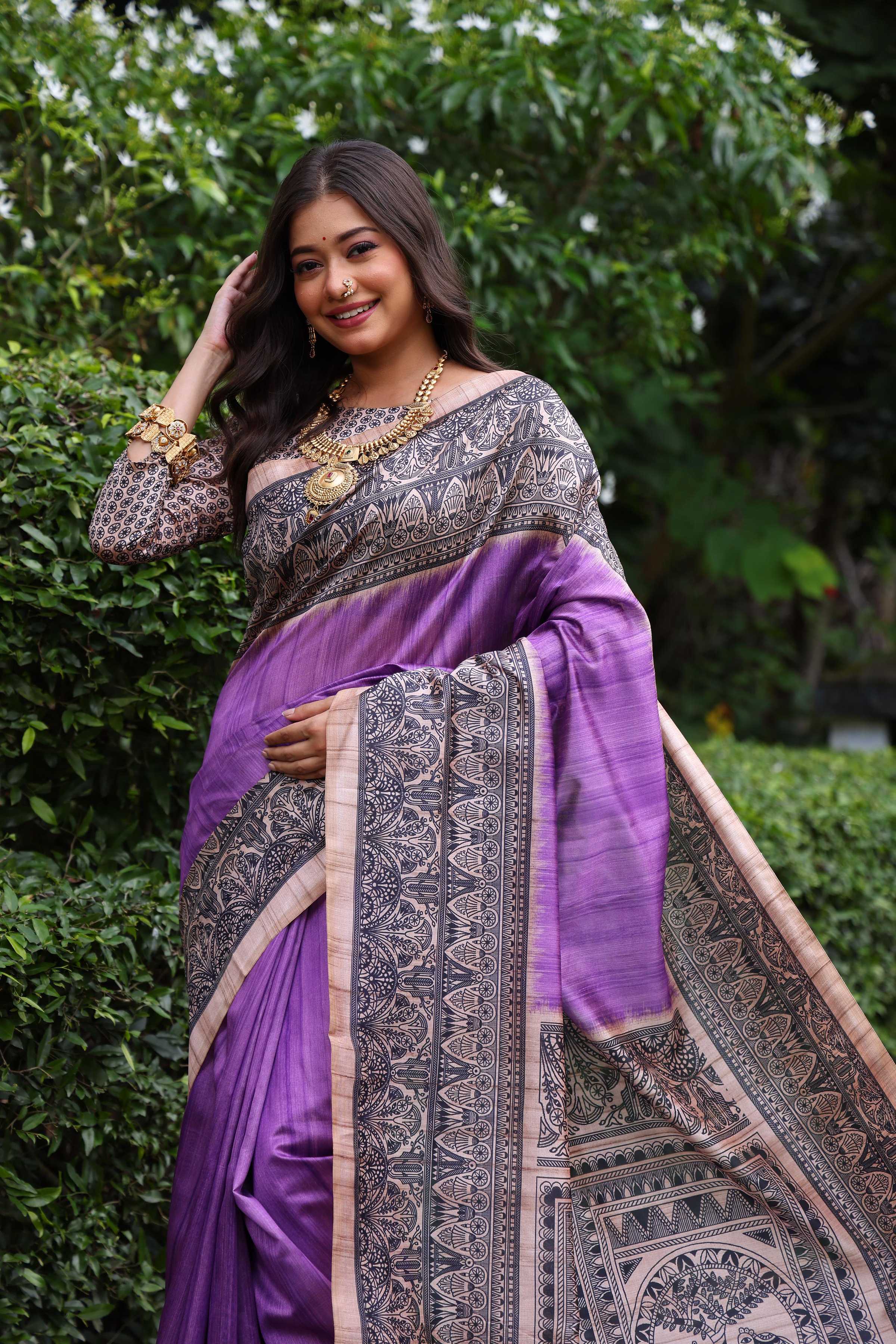 Jyoti Fashion Women's Purple Soft Tussar Silk Madhubani Printed Saree with Blouse - Distacart
