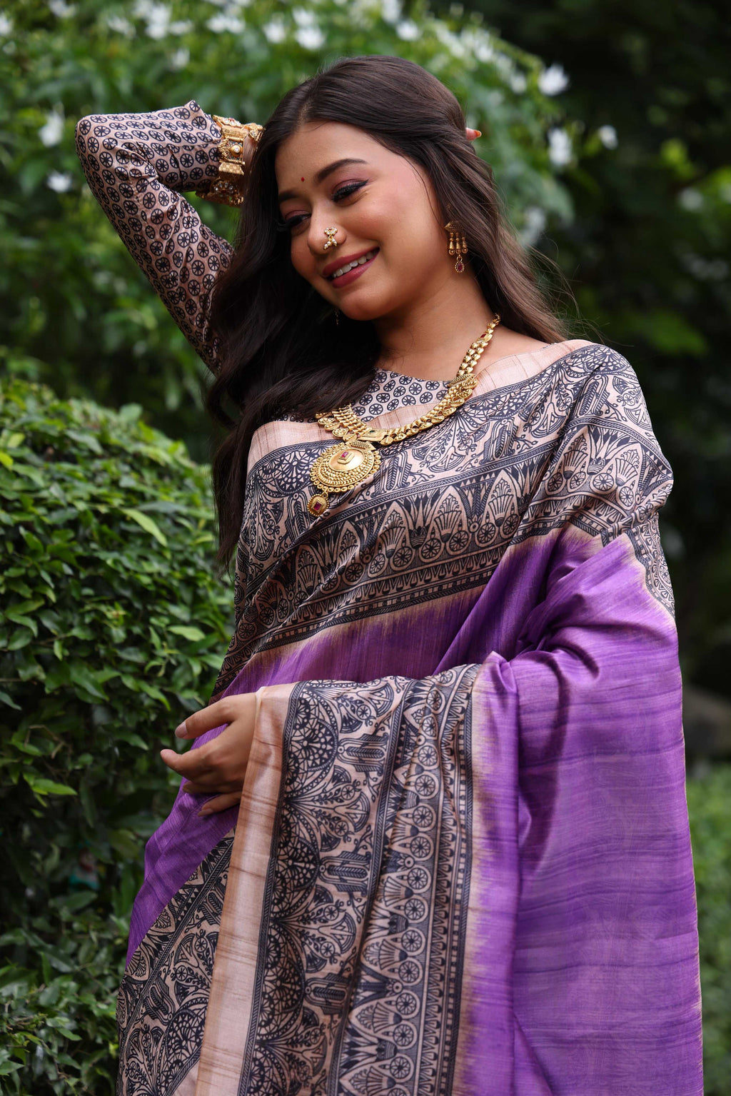 Jyoti Fashion Women's Purple Soft Tussar Silk Madhubani Printed Saree with Blouse - Distacart