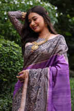 Jyoti Fashion Women's Purple Soft Tussar Silk Madhubani Printed Saree with Blouse - Distacart