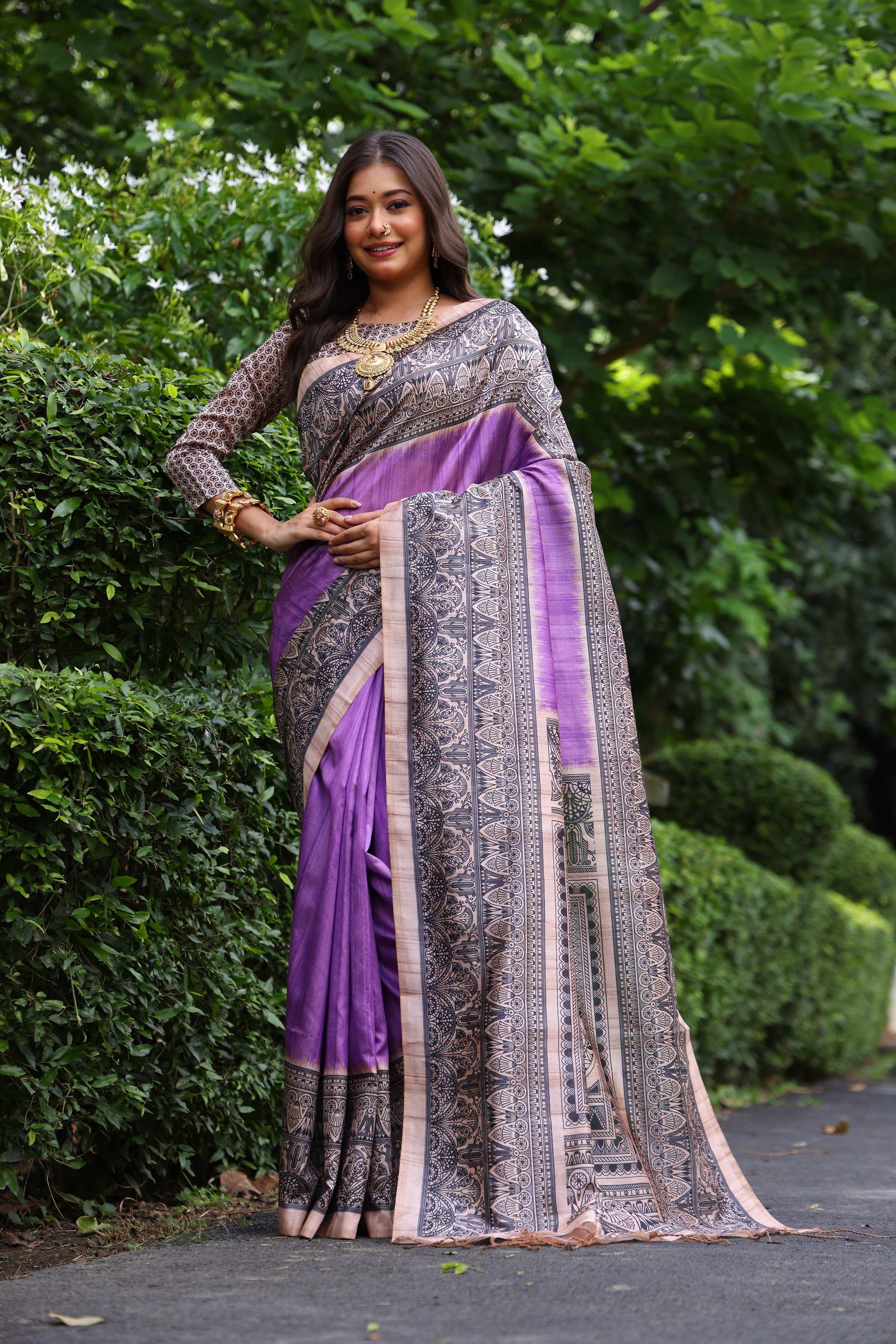 Jyoti Fashion Women's Purple Soft Tussar Silk Madhubani Printed Saree with Blouse - Distacart