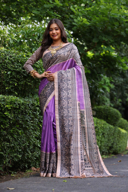 Jyoti Fashion Women's Purple Soft Tussar Silk Madhubani Printed Saree with Blouse