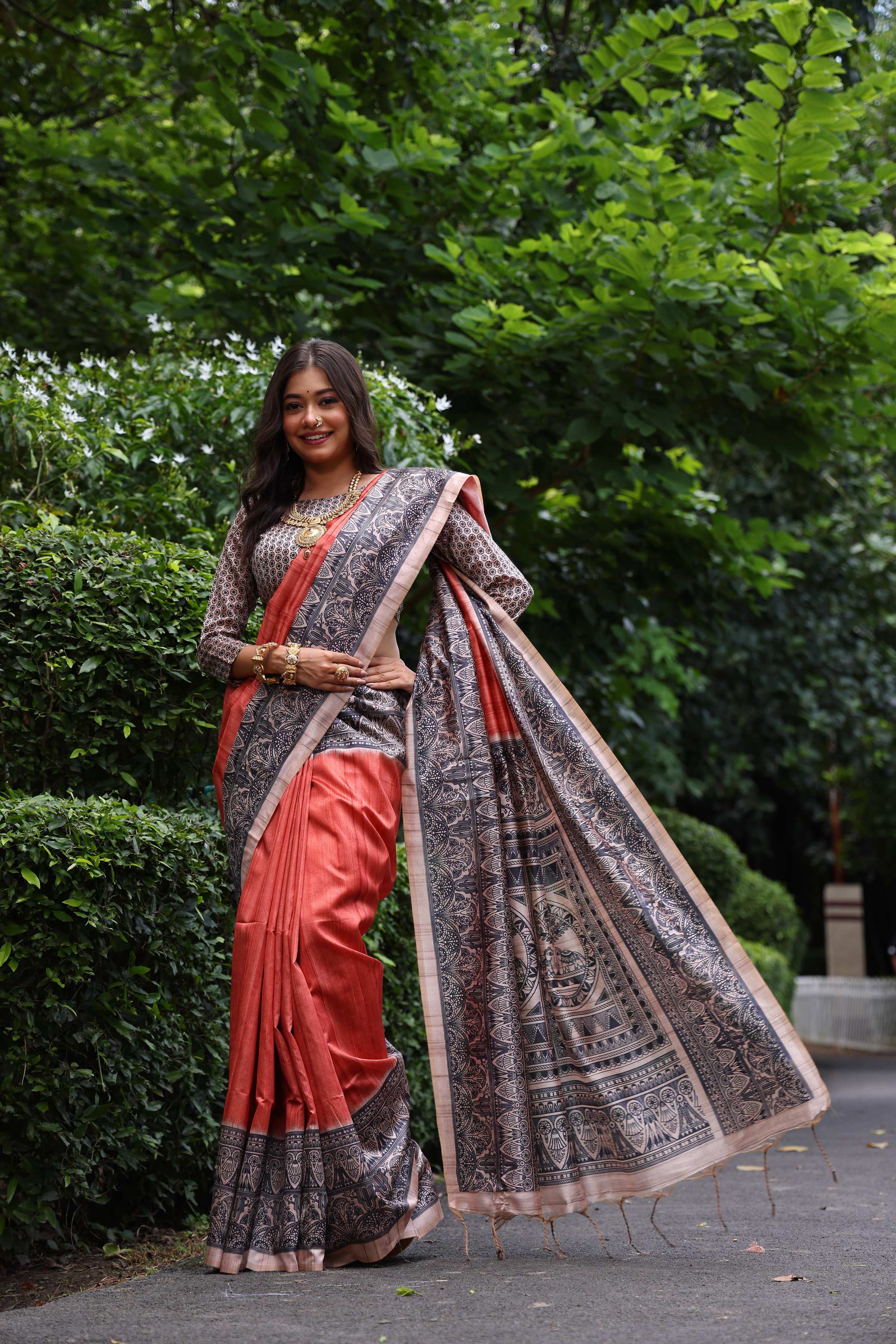 Jyoti Fashion Women's Red Soft Tussar Silk Madhubani Printed Saree with Blouse - Distacart