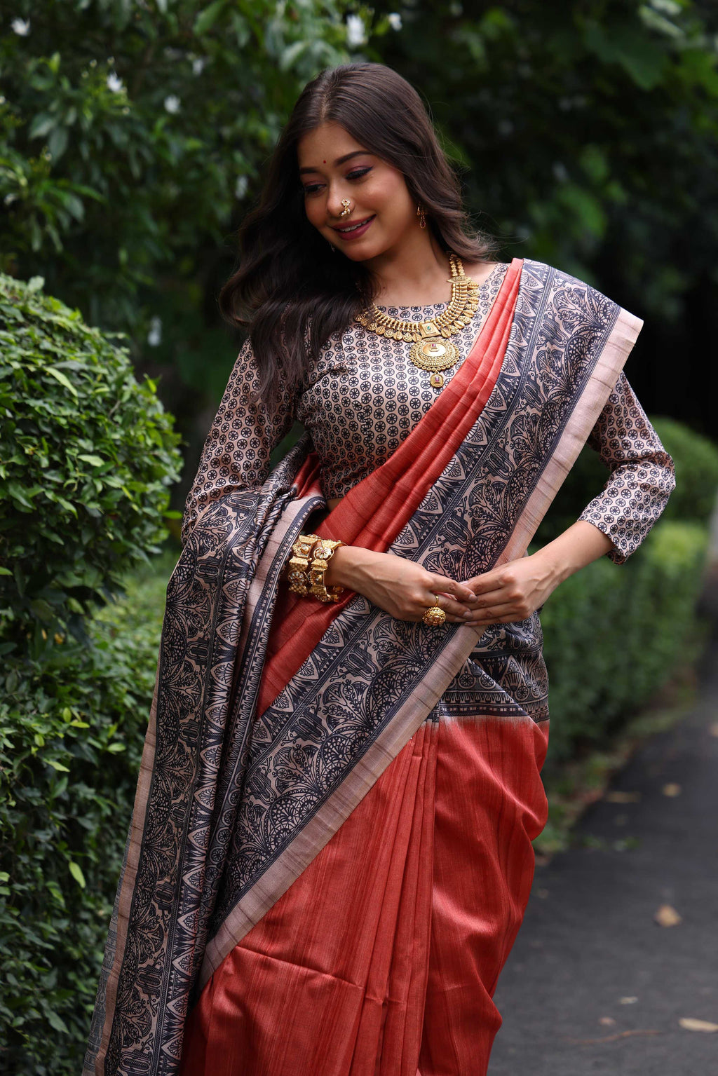 Jyoti Fashion Women's Red Soft Tussar Silk Madhubani Printed Saree with Blouse - Distacart