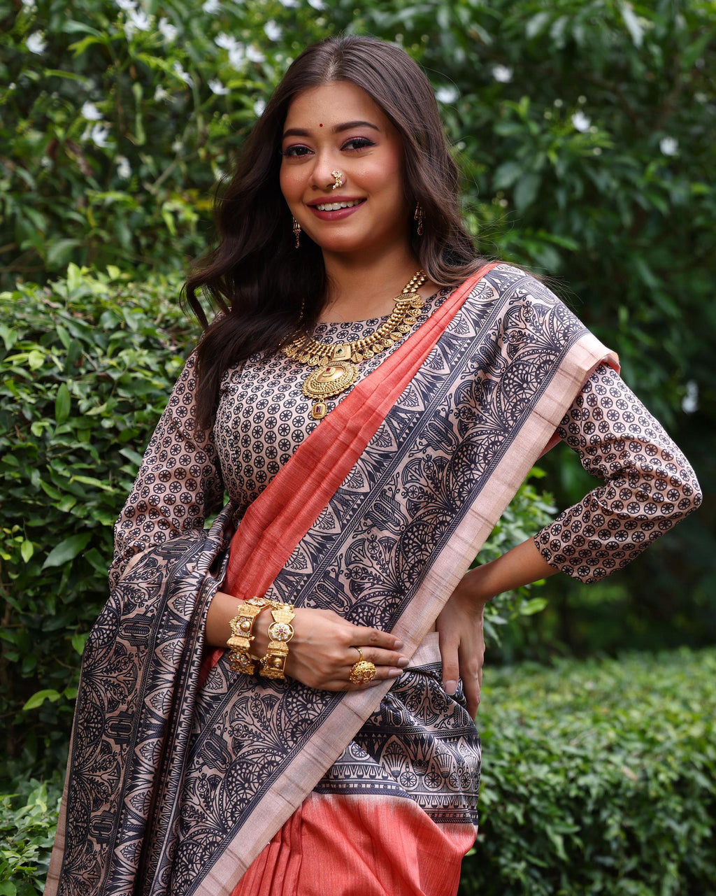 Jyoti Fashion Women's Red Soft Tussar Silk Madhubani Printed Saree with Blouse - Distacart