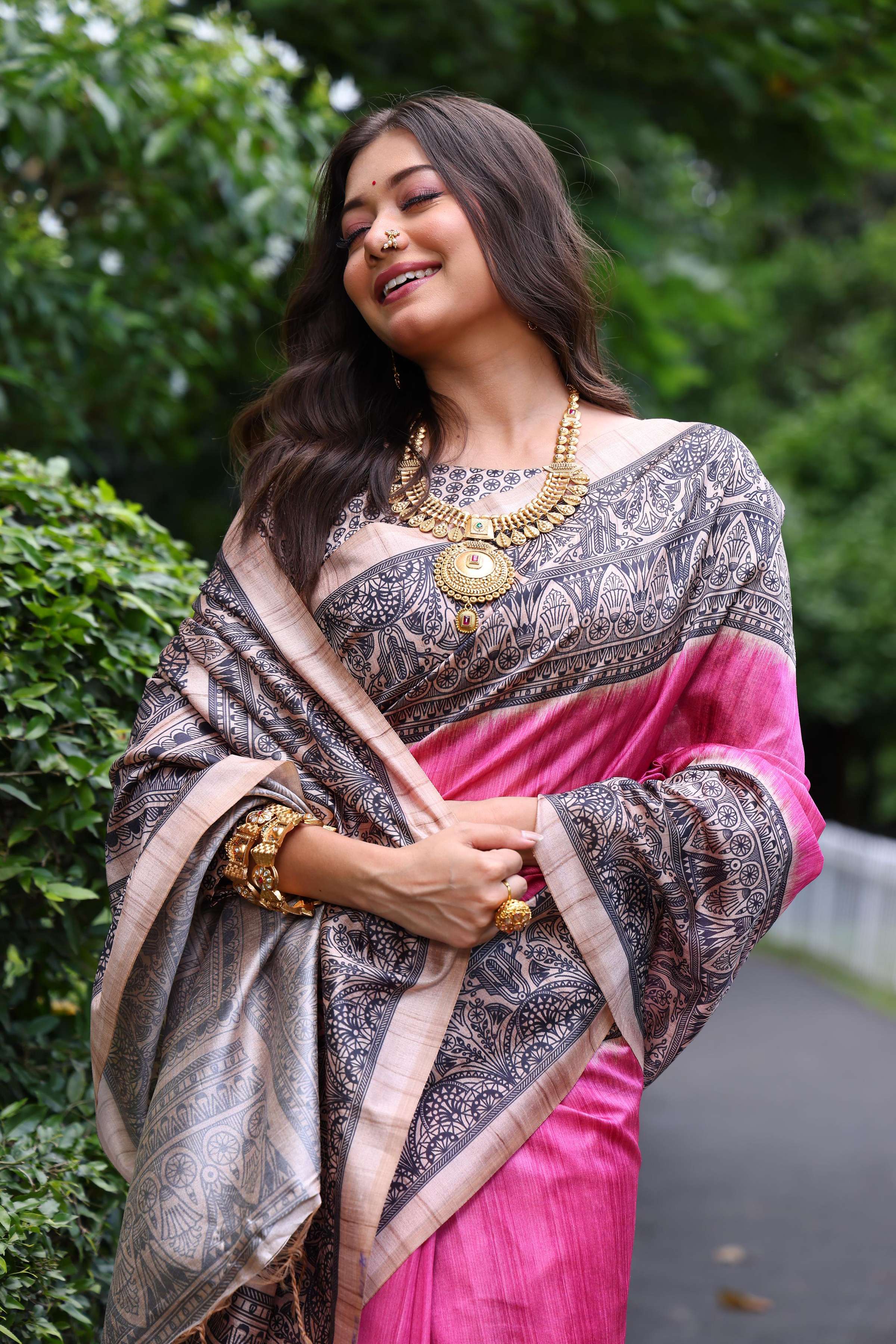 Jyoti Fashion Women's Pink Soft Tussar Silk Madhubani Printed Saree with Blouse - Distacart
