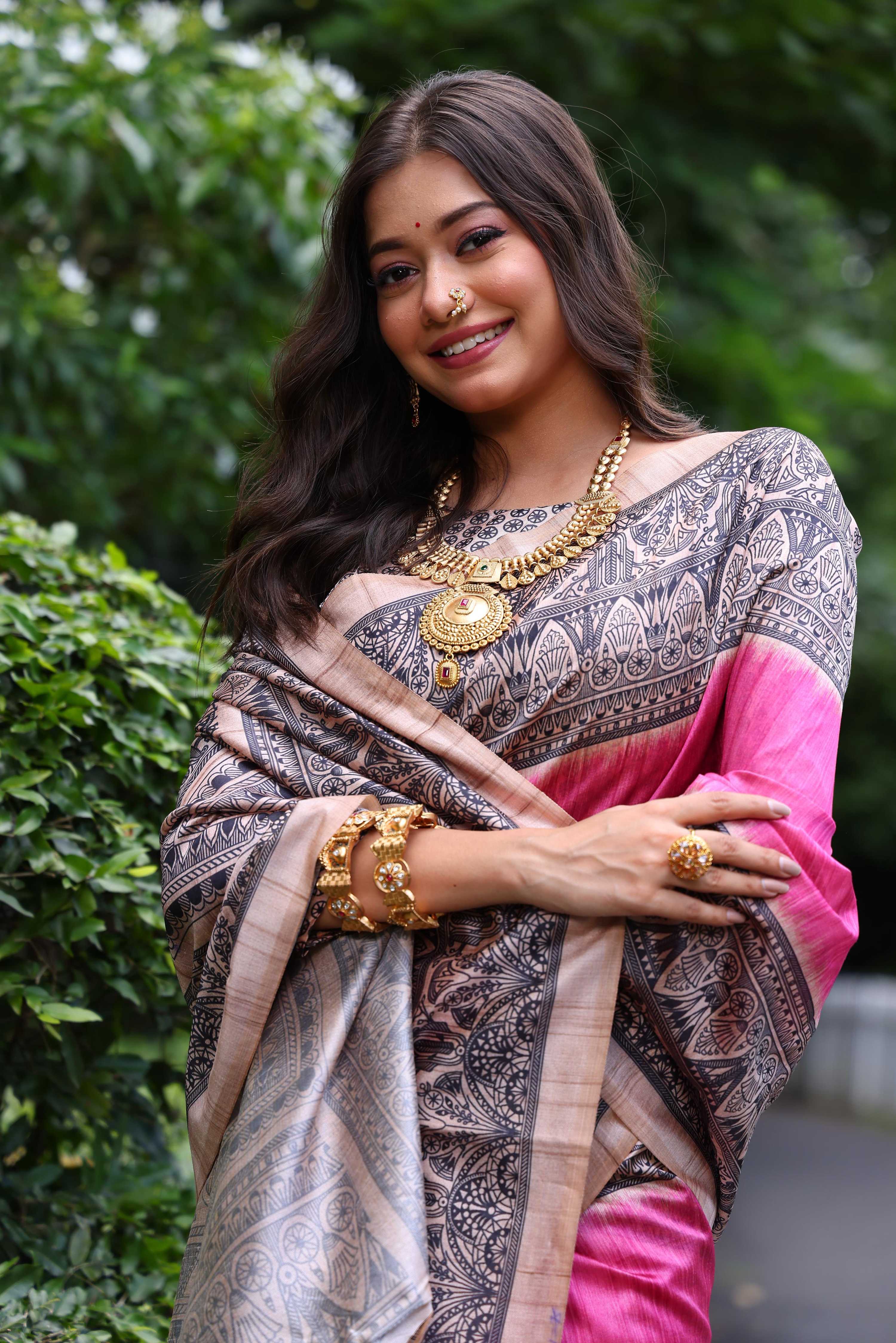 Jyoti Fashion Women's Pink Soft Tussar Silk Madhubani Printed Saree with Blouse - Distacart
