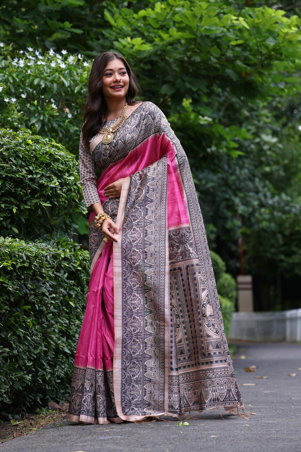 Jyoti Fashion Women's Pink Soft Tussar Silk Madhubani Printed Saree with Blouse - Distacart
