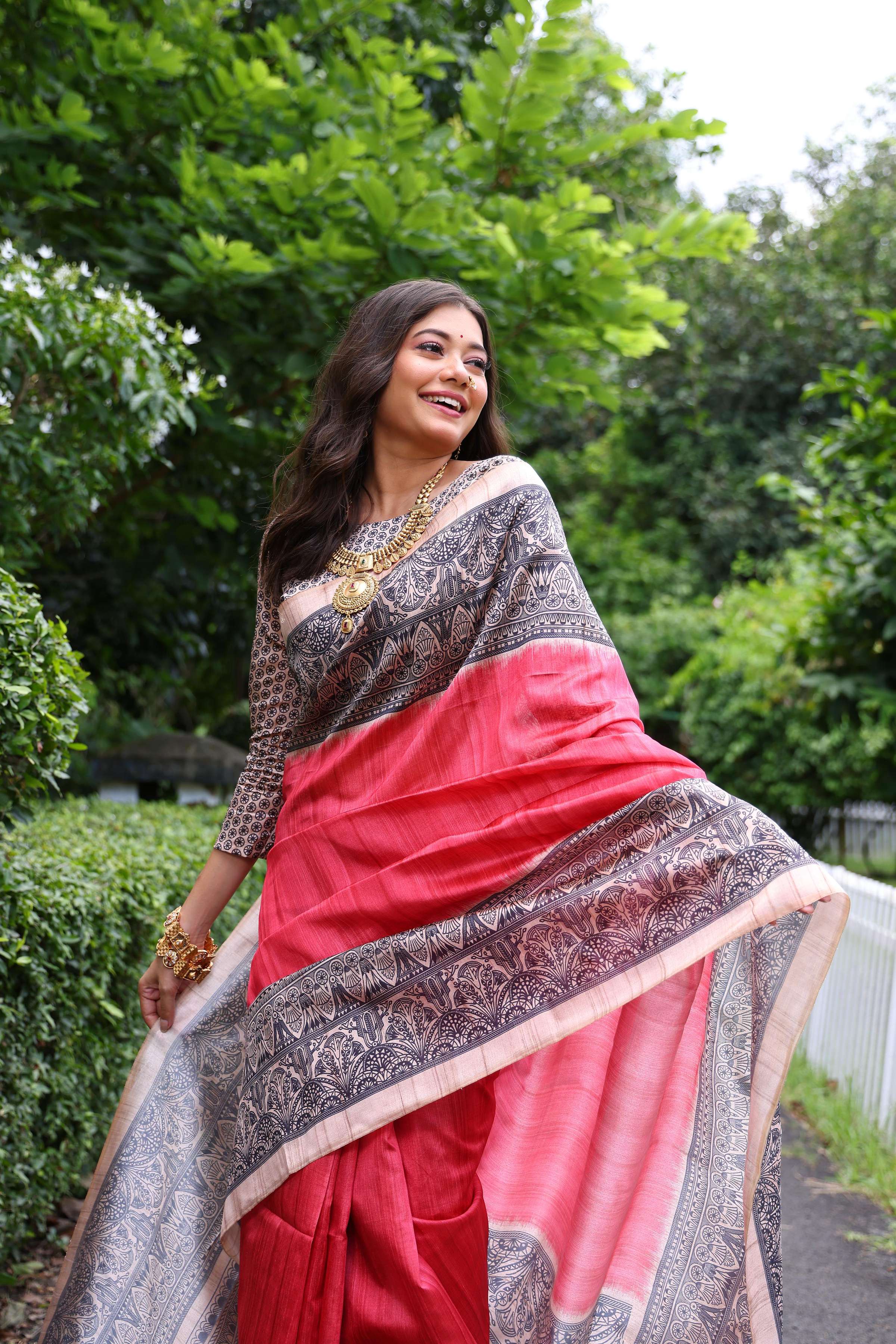 Jyoti Fashion Women's Gajri Soft Tussar Silk Madhubani Printed Saree with Blouse - Distacart