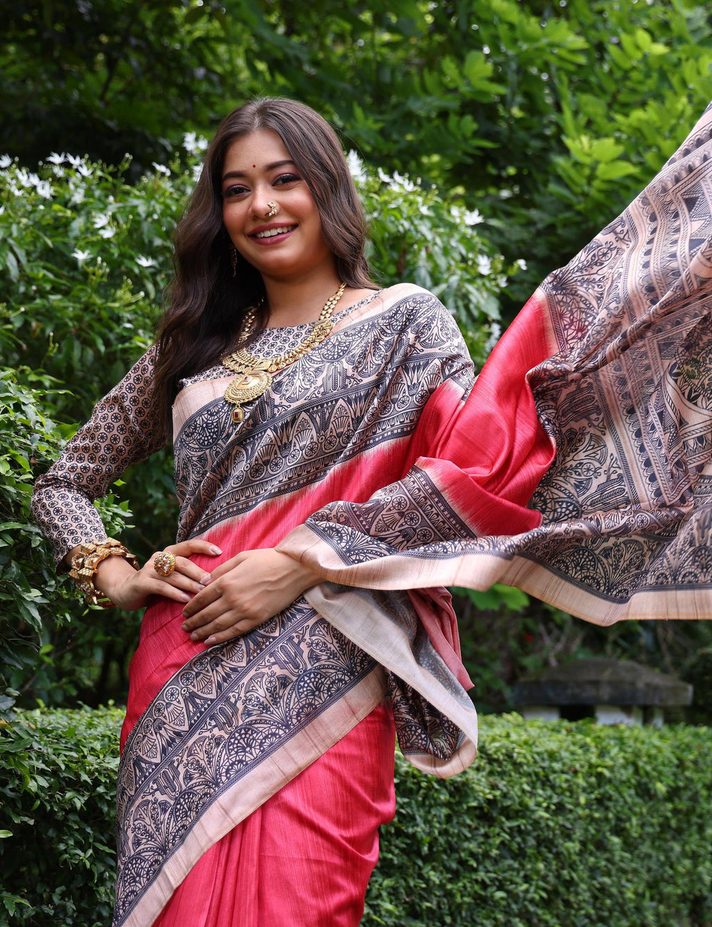Jyoti Fashion Women's Gajri Soft Tussar Silk Madhubani Printed Saree with Blouse - Distacart