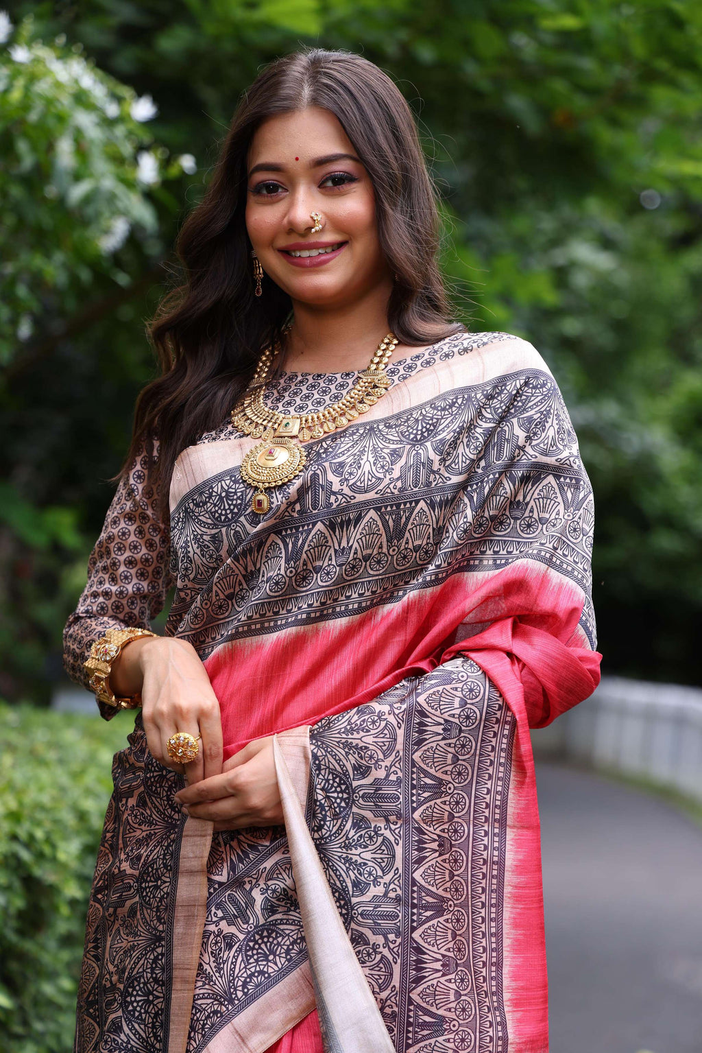 Jyoti Fashion Women's Gajri Soft Tussar Silk Madhubani Printed Saree with Blouse - Distacart