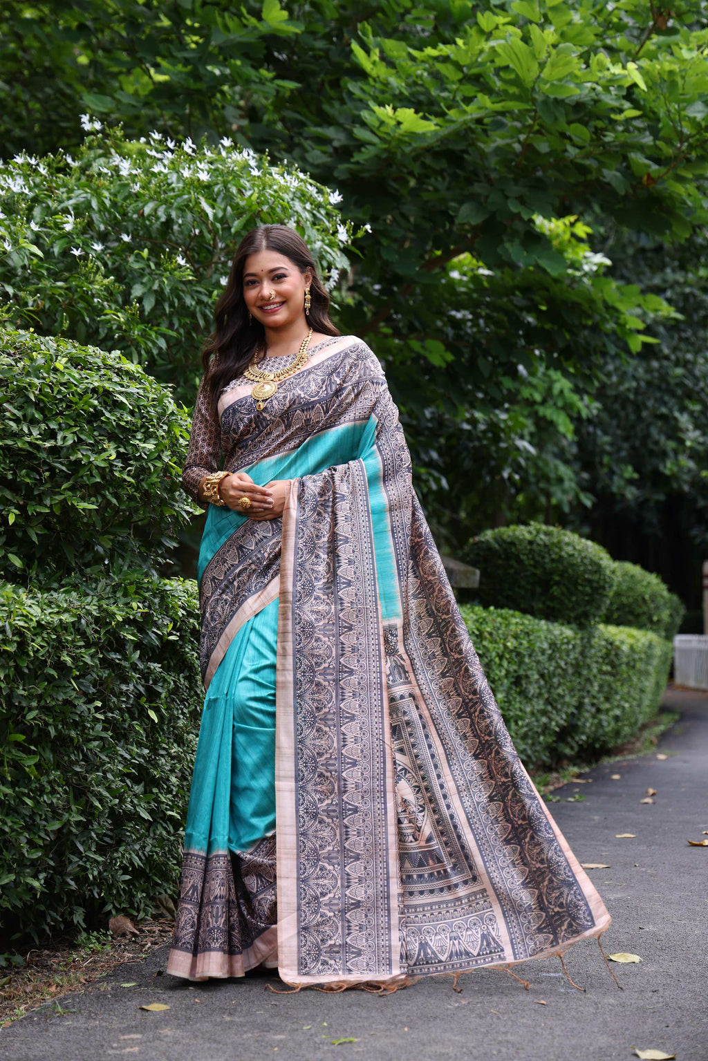 Jyoti Fashion Women's Sky Blue Soft Tussar Silk Madhubani Printed Saree with Blouse - Distacart