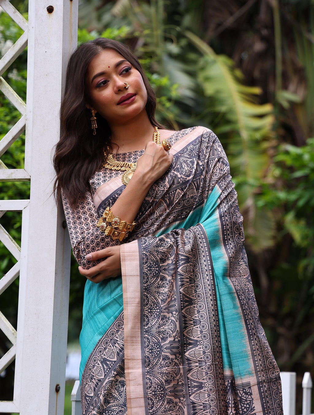 Jyoti Fashion Women's Sky Blue Soft Tussar Silk Madhubani Printed Saree with Blouse - Distacart