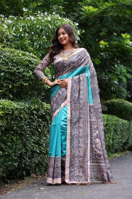 Jyoti Fashion Women's Sky Blue Soft Tussar Silk Madhubani Printed Saree with Blouse