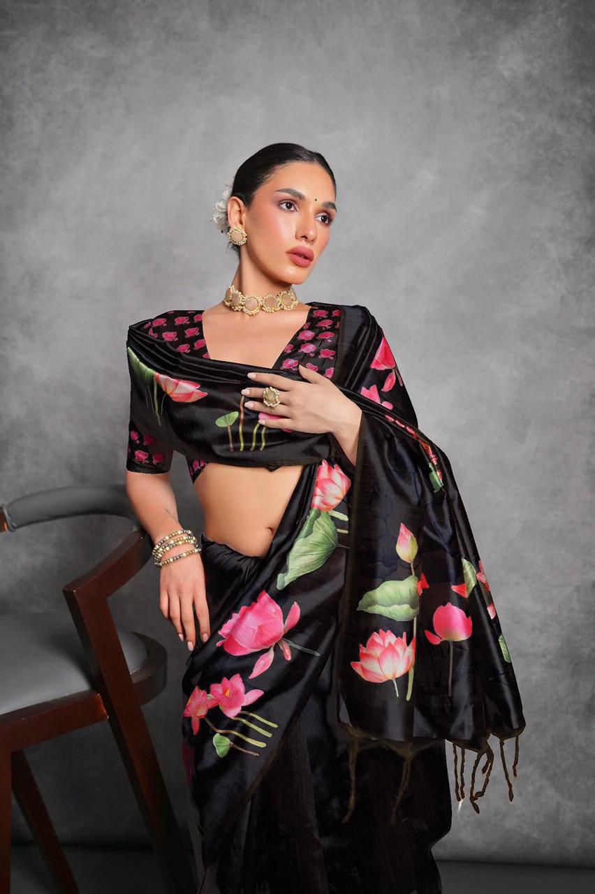 Jyoti Fashion Women's Black Soft Tussar Silk Floral Printed Saree with Blouse - Distacart