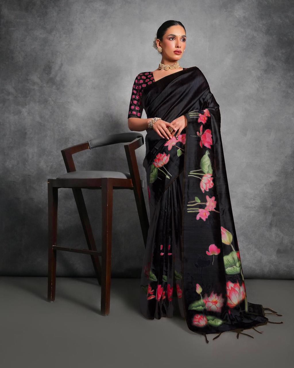 Jyoti Fashion Women's Black Soft Tussar Silk Floral Printed Saree with Blouse - Distacart