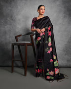 Jyoti Fashion Women's Black Soft Tussar Silk Floral Printed Saree with Blouse - Distacart