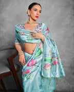 Jyoti Fashion Women's Sky Blue Soft Tussar Silk Floral Printed Saree with Blouse - Distacart