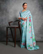 Jyoti Fashion Women's Sky Blue Soft Tussar Silk Floral Printed Saree with Blouse - Distacart