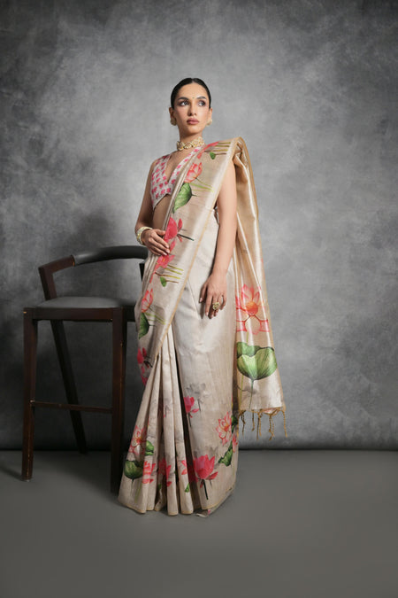 Jyoti Fashion Women's Beige Soft Tussar Silk Floral Printed Saree with Blouse
