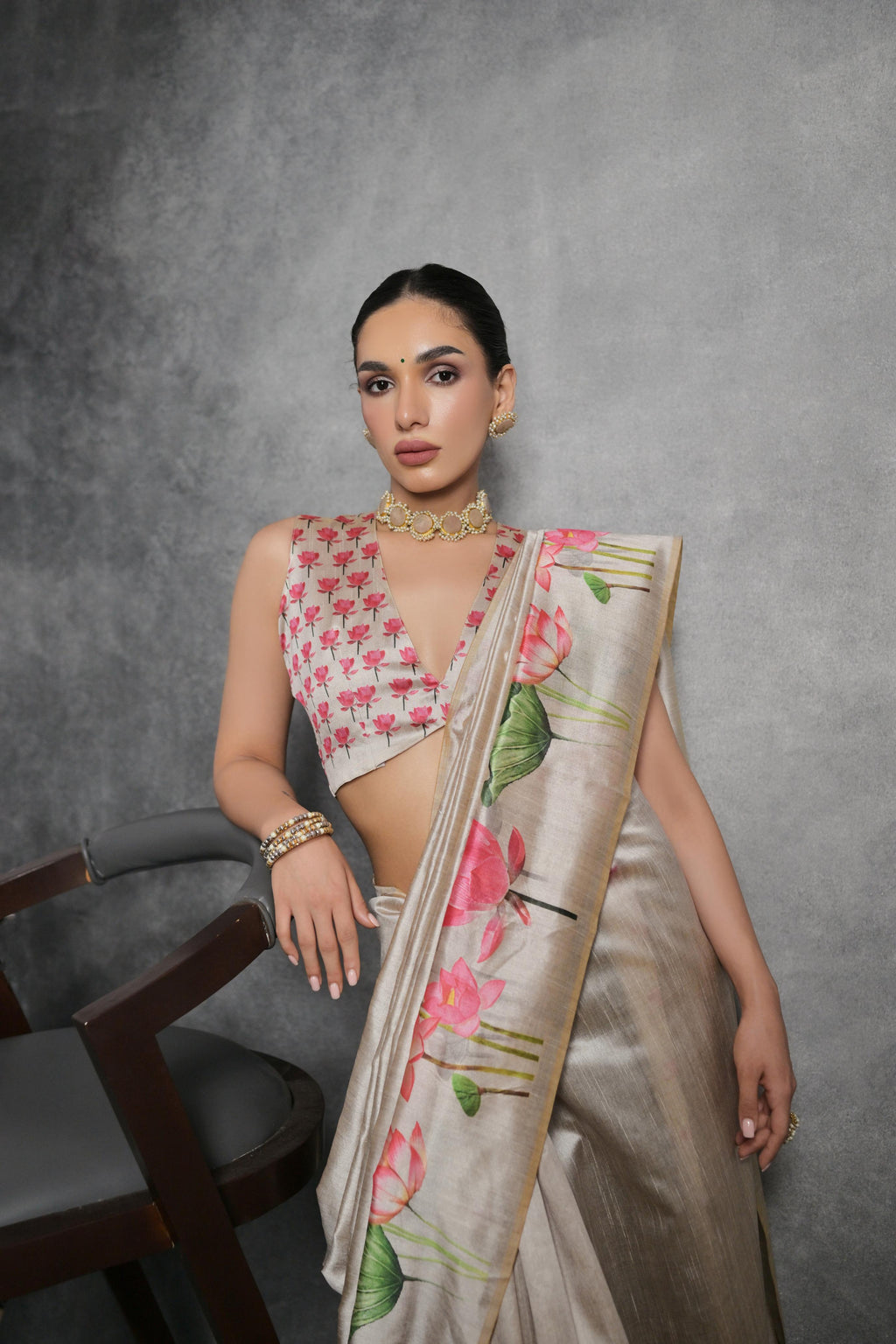 Jyoti Fashion Women's Beige Soft Tussar Silk Floral Printed Saree with Blouse - Distacart