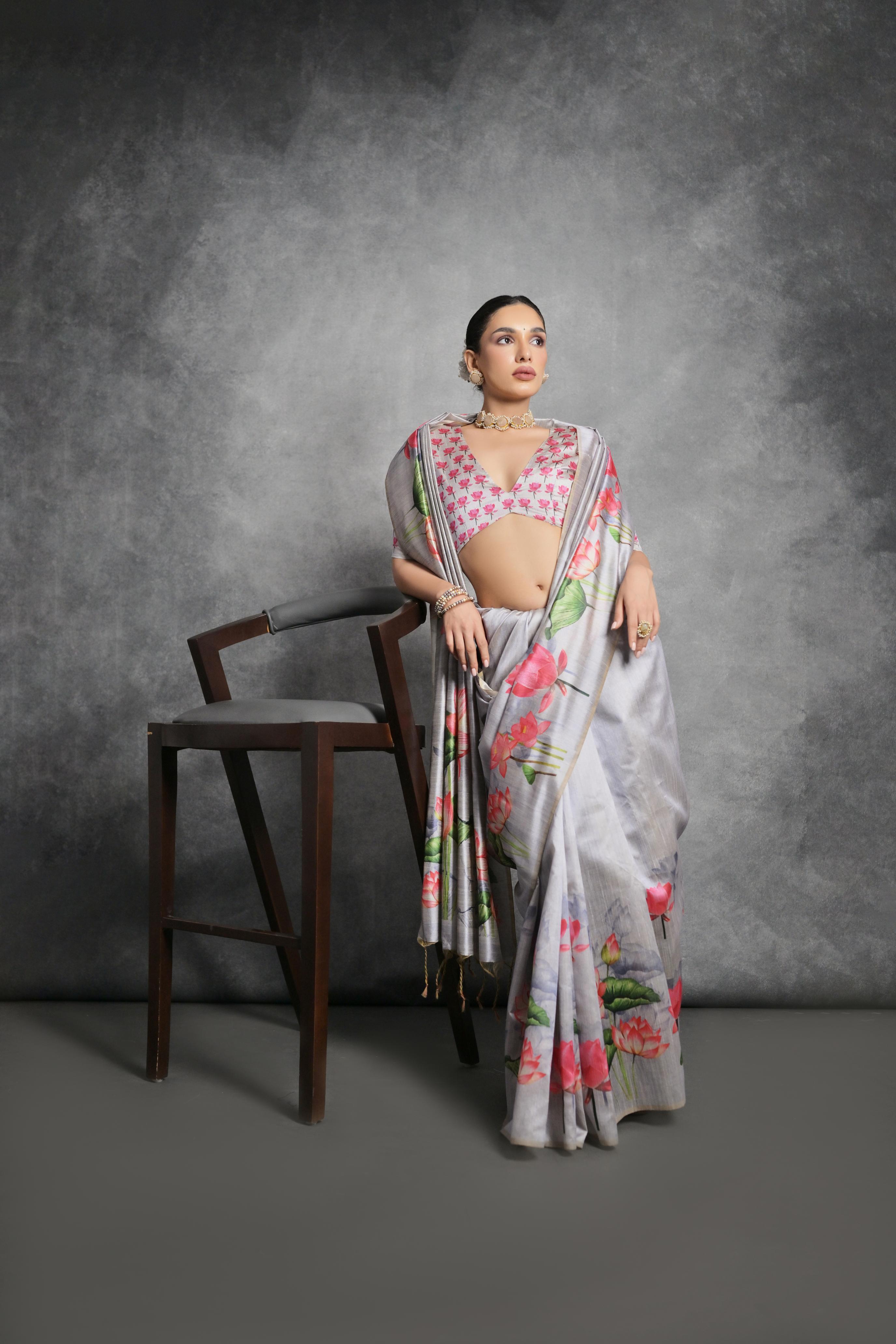 Jyoti Fashion Women's Grey Soft Tussar Silk Floral Printed Saree with Blouse - Distacart