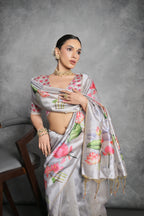 Jyoti Fashion Women's Grey Soft Tussar Silk Floral Printed Saree with Blouse - Distacart
