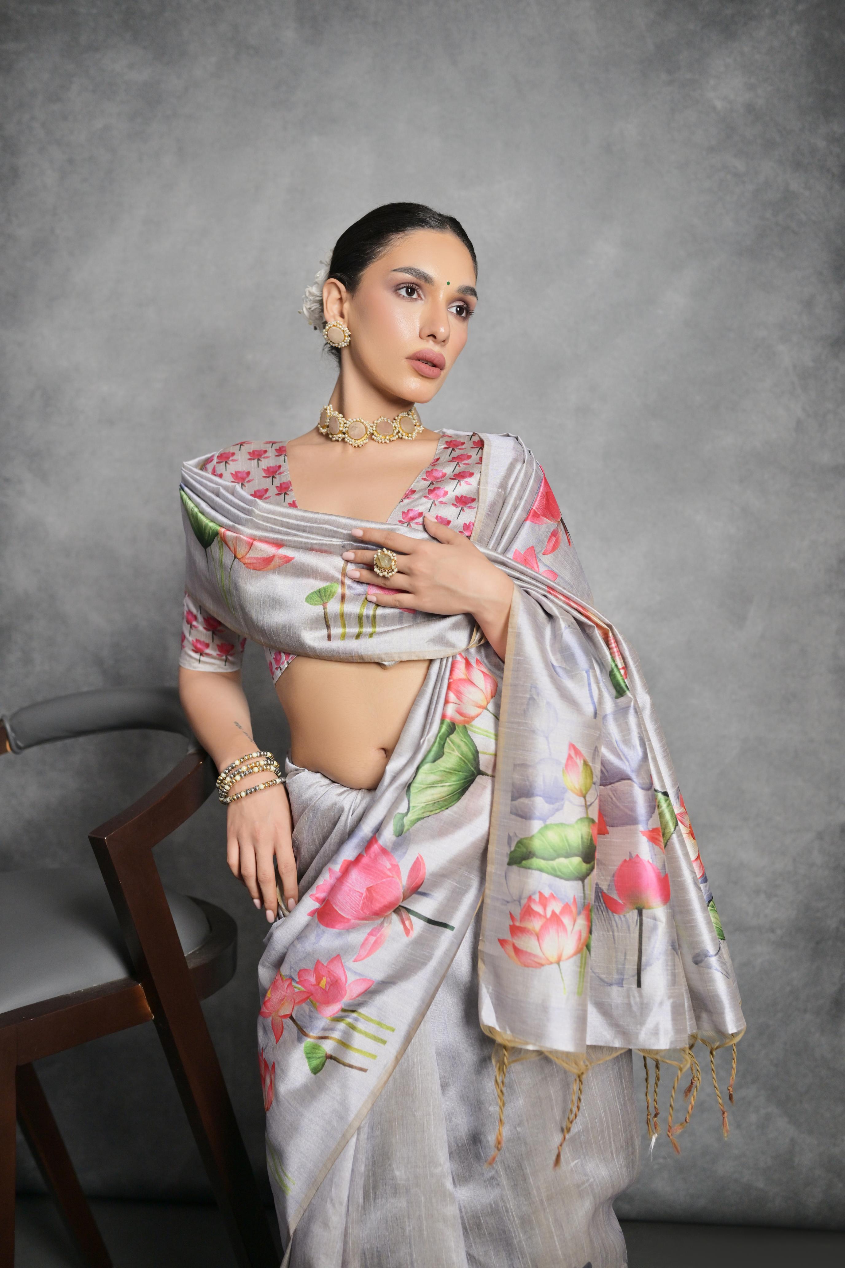 Jyoti Fashion Women's Grey Soft Tussar Silk Floral Printed Saree with Blouse - Distacart