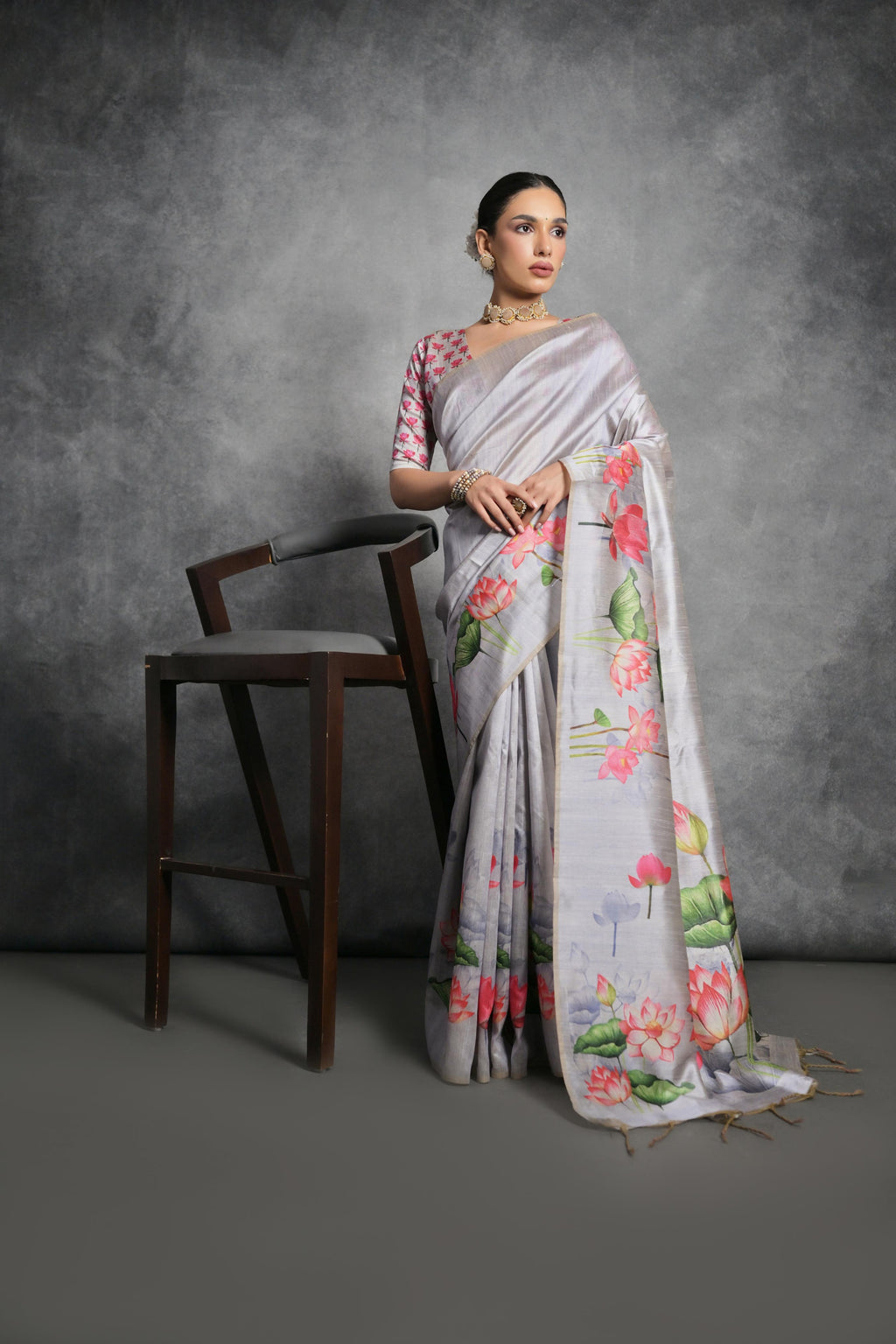 Jyoti Fashion Women's Grey Soft Tussar Silk Floral Printed Saree with Blouse - Distacart