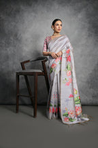 Jyoti Fashion Women's Grey Soft Tussar Silk Floral Printed Saree with Blouse - Distacart