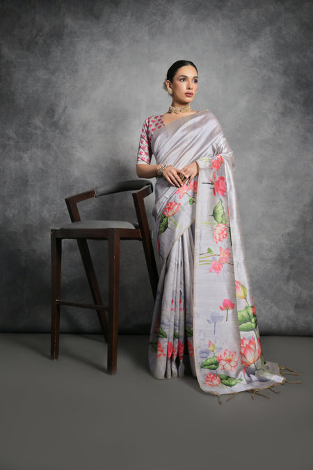 Jyoti Fashion Women's Grey Soft Tussar Silk Floral Printed Saree with Blouse