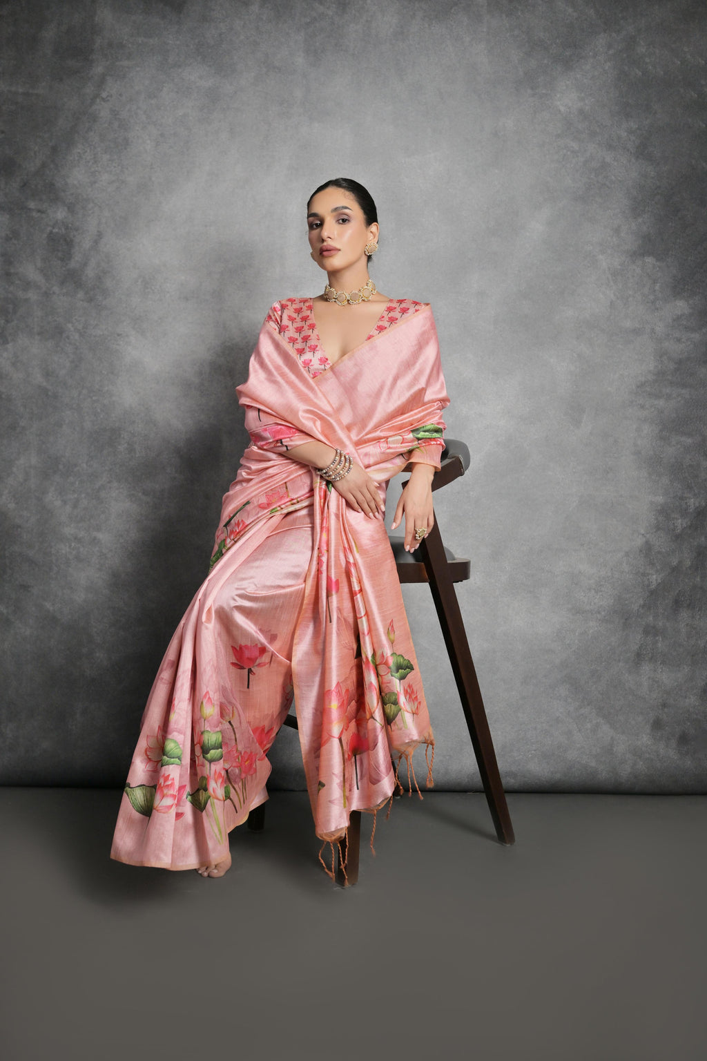 Jyoti Fashion Women's Pink Soft Tussar Silk Floral Printed Saree with Blouse - Distacart