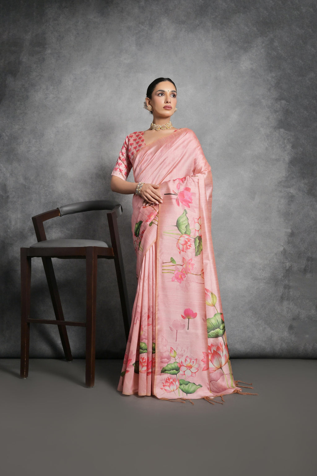 Jyoti Fashion Women's Pink Soft Tussar Silk Floral Printed Saree with Blouse - Distacart