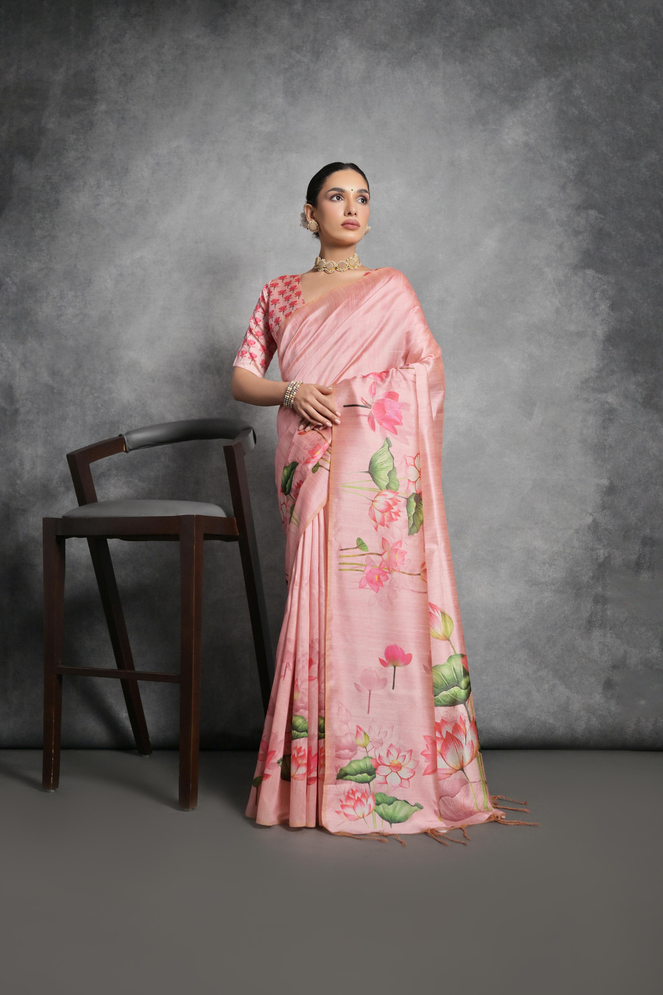 Jyoti Fashion Women's Pink Soft Tussar Silk Floral Printed Saree with Blouse - Distacart