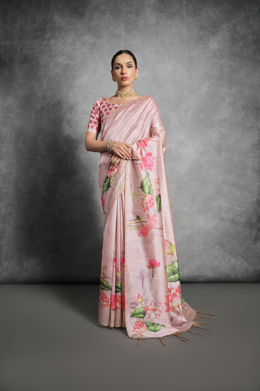 Jyoti Fashion Women's Peach Soft Tussar Silk Floral Printed Saree with Blouse - Distacart