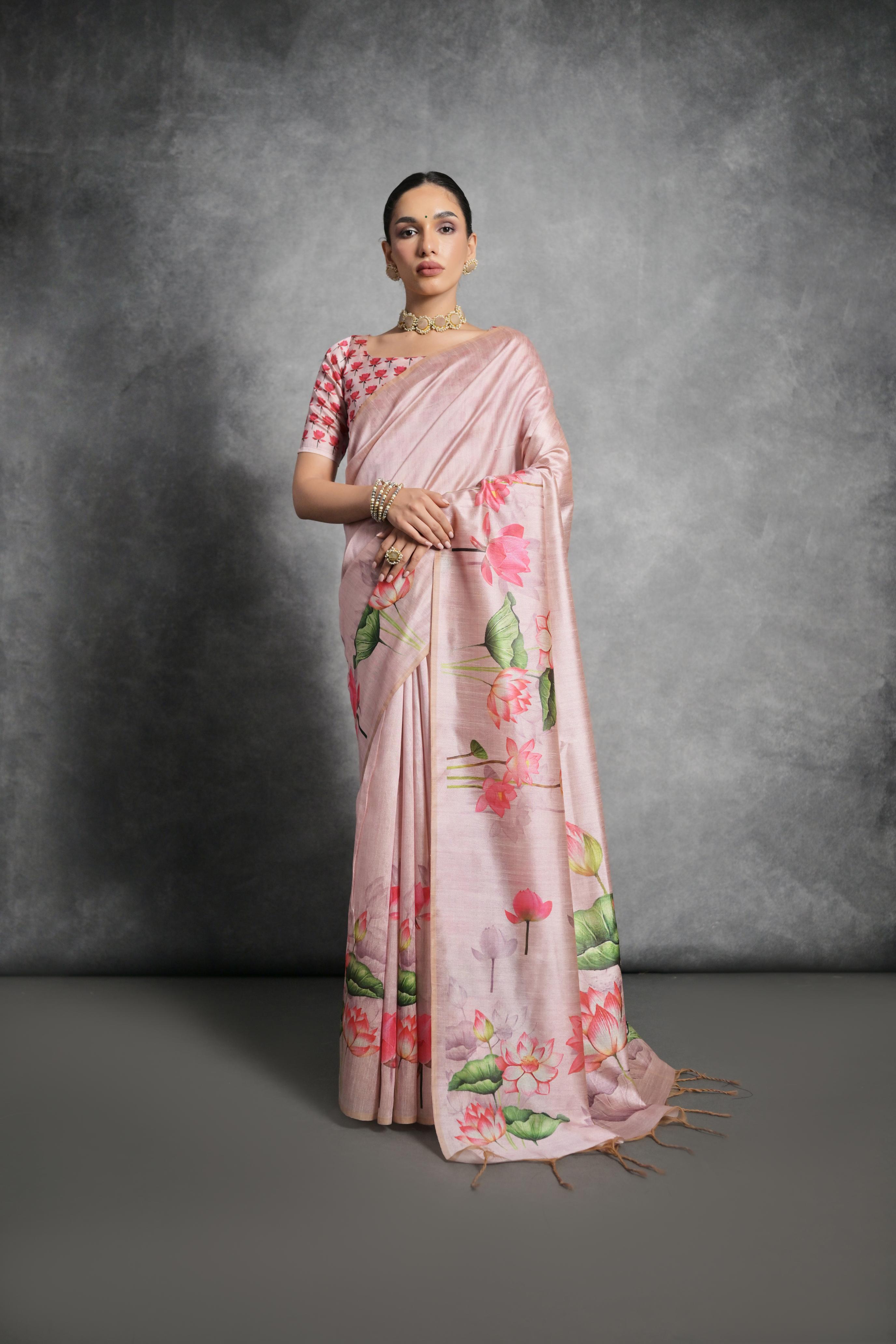 Jyoti Fashion Women's Peach Soft Tussar Silk Floral Printed Saree with Blouse - Distacart