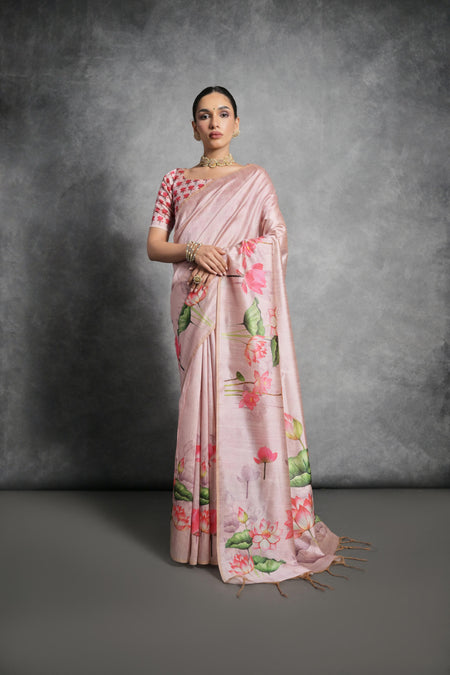 Jyoti Fashion Women's Peach Soft Tussar Silk Floral Printed Saree with Blouse