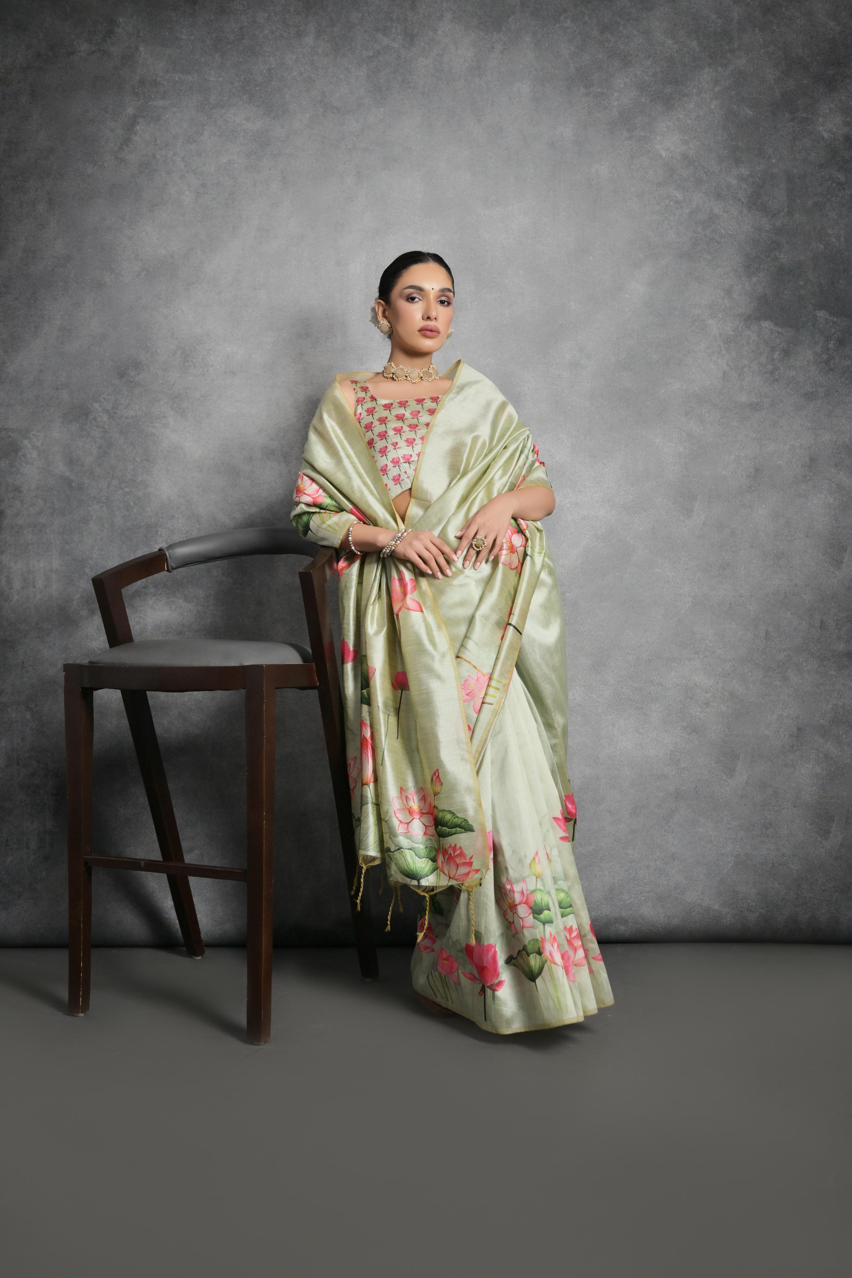 Jyoti Fashion Women's Pista Green Soft Tussar Silk Floral Printed Saree with Blouse - Distacart