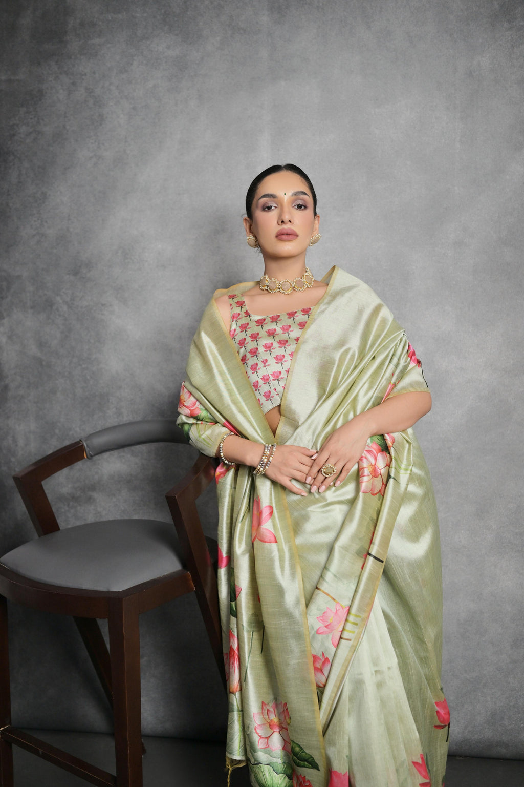 Jyoti Fashion Women's Pista Green Soft Tussar Silk Floral Printed Saree with Blouse - Distacart