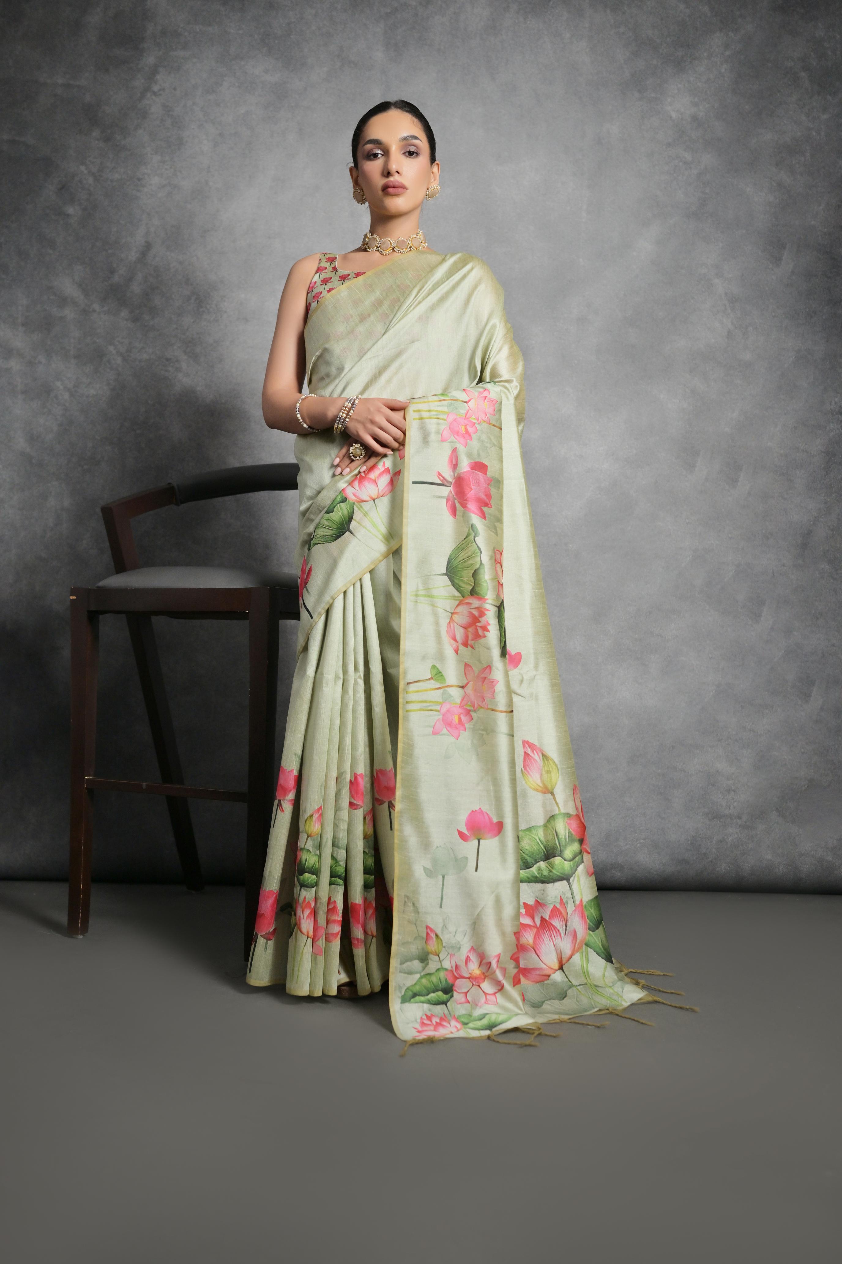 Jyoti Fashion Women's Pista Green Soft Tussar Silk Floral Printed Saree with Blouse - Distacart