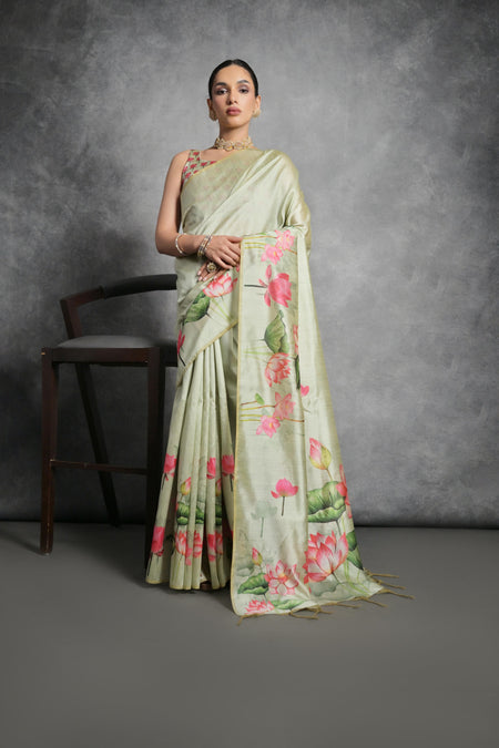 Jyoti Fashion Women's Pista Green Soft Tussar Silk Floral Printed Saree with Blouse