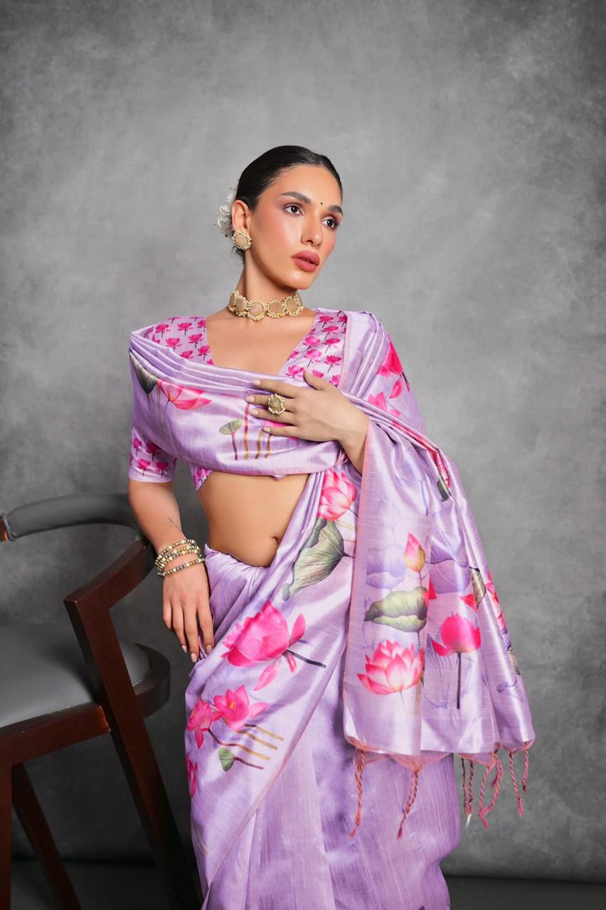 Jyoti Fashion Women's Lavender Soft Tussar Silk Floral Printed Saree with Blouse - Distacart