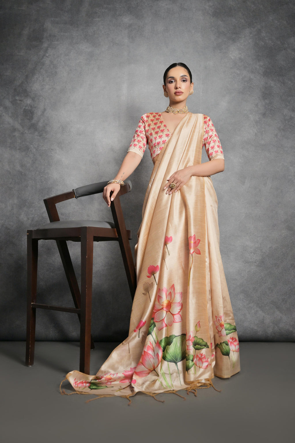 Jyoti Fashion Women's Cream Soft Tussar Silk Floral Printed Saree with Blouse - Distacart