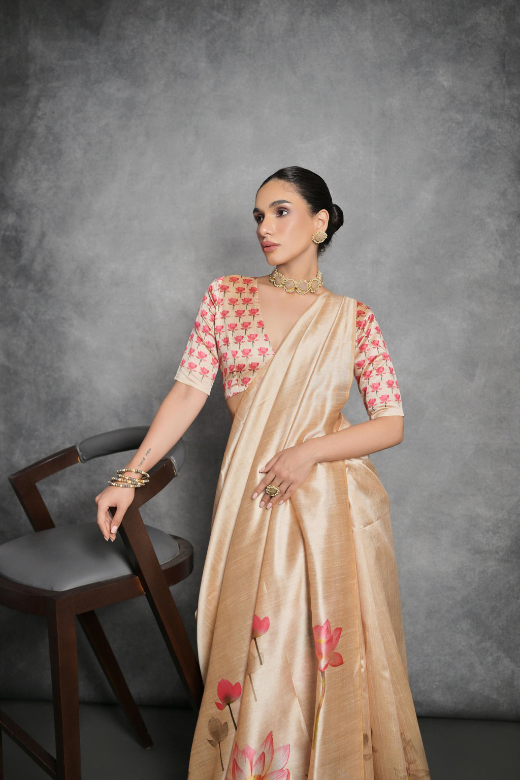 Jyoti Fashion Women's Cream Soft Tussar Silk Floral Printed Saree with Blouse - Distacart