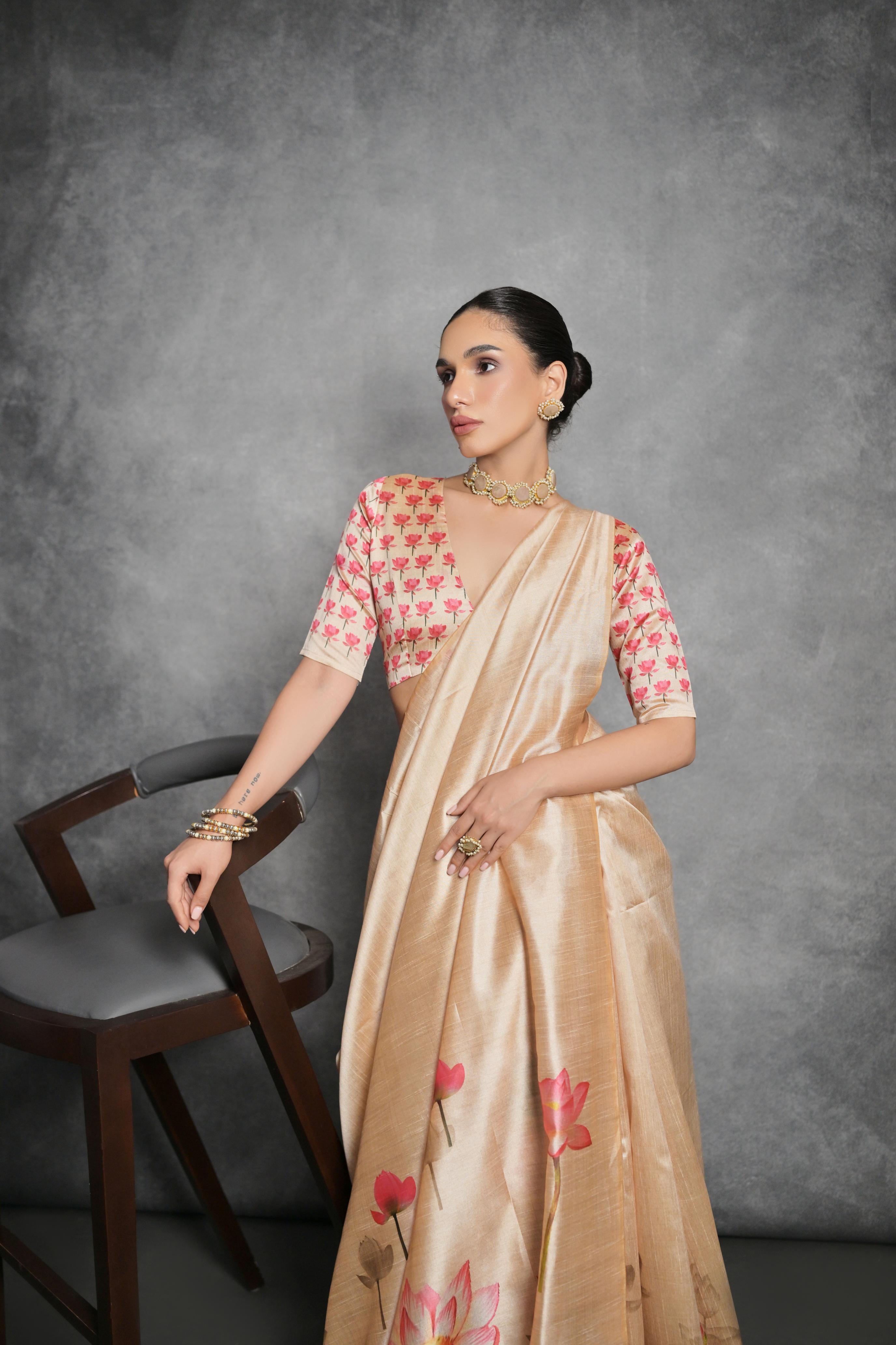 Jyoti Fashion Women's Cream Soft Tussar Silk Floral Printed Saree with Blouse - Distacart