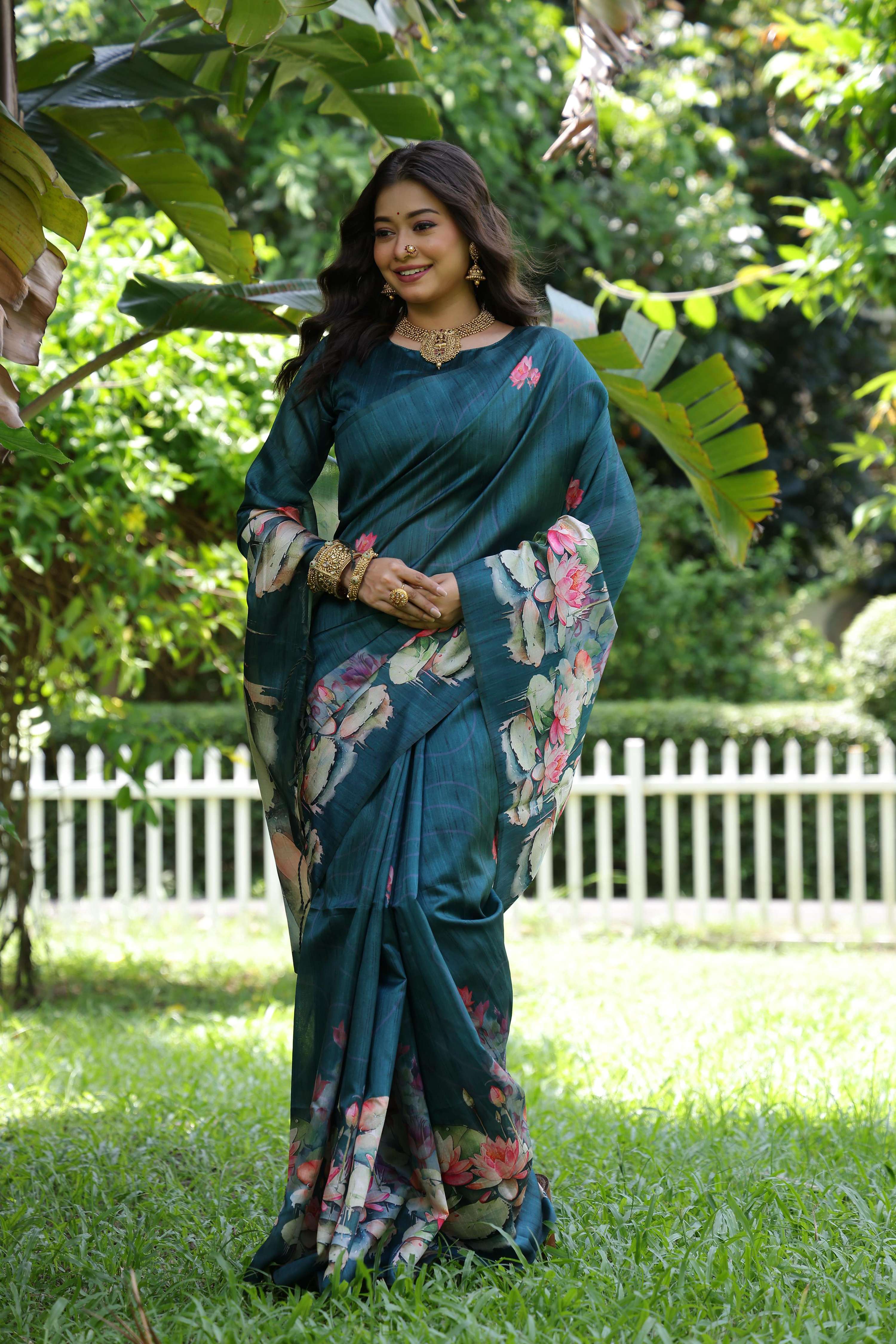 Jyoti Fashion Women's Teal Soft Tussar Silk Floral Printed Saree with Blouse - Distacart