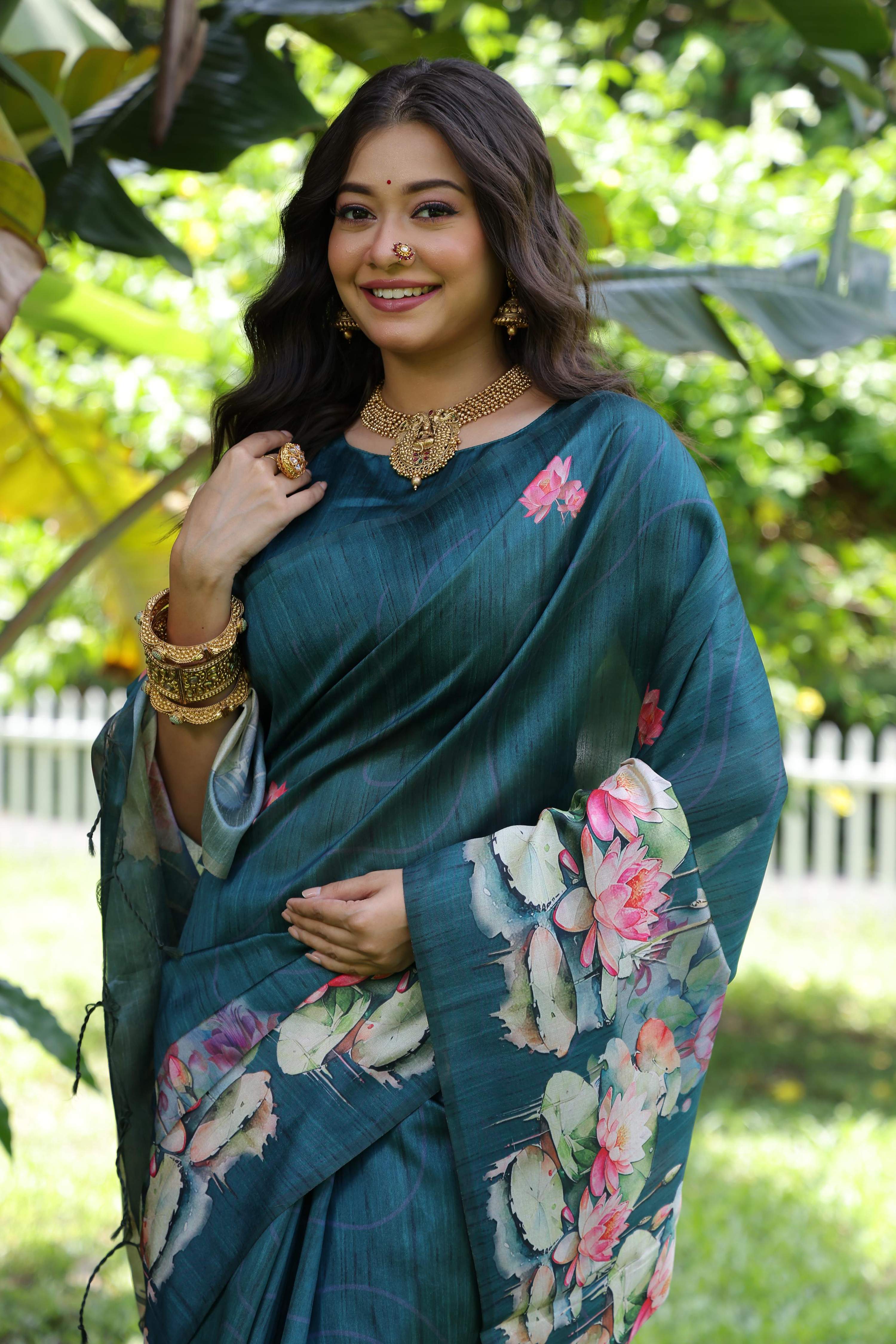 Jyoti Fashion Women's Teal Soft Tussar Silk Floral Printed Saree with Blouse - Distacart