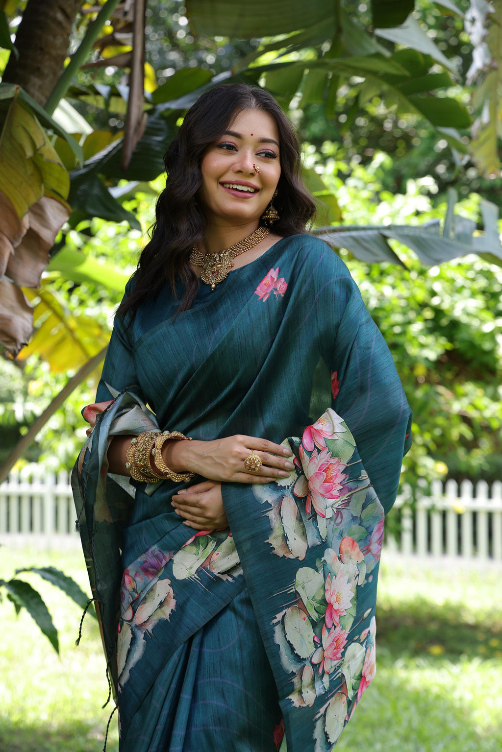 Jyoti Fashion Women's Teal Soft Tussar Silk Floral Printed Saree with Blouse - Distacart