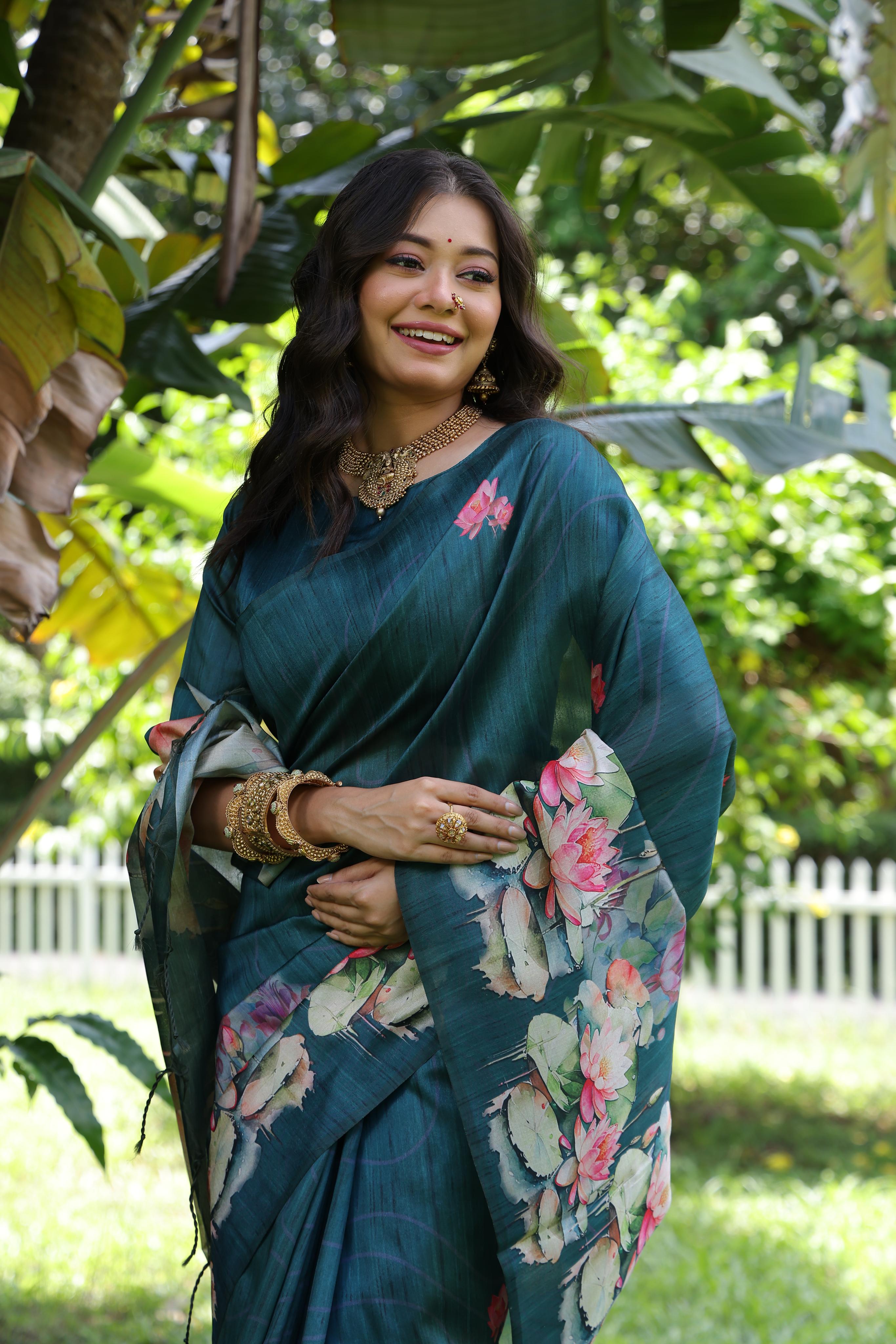 Jyoti Fashion Women's Teal Soft Tussar Silk Floral Printed Saree with Blouse - Distacart