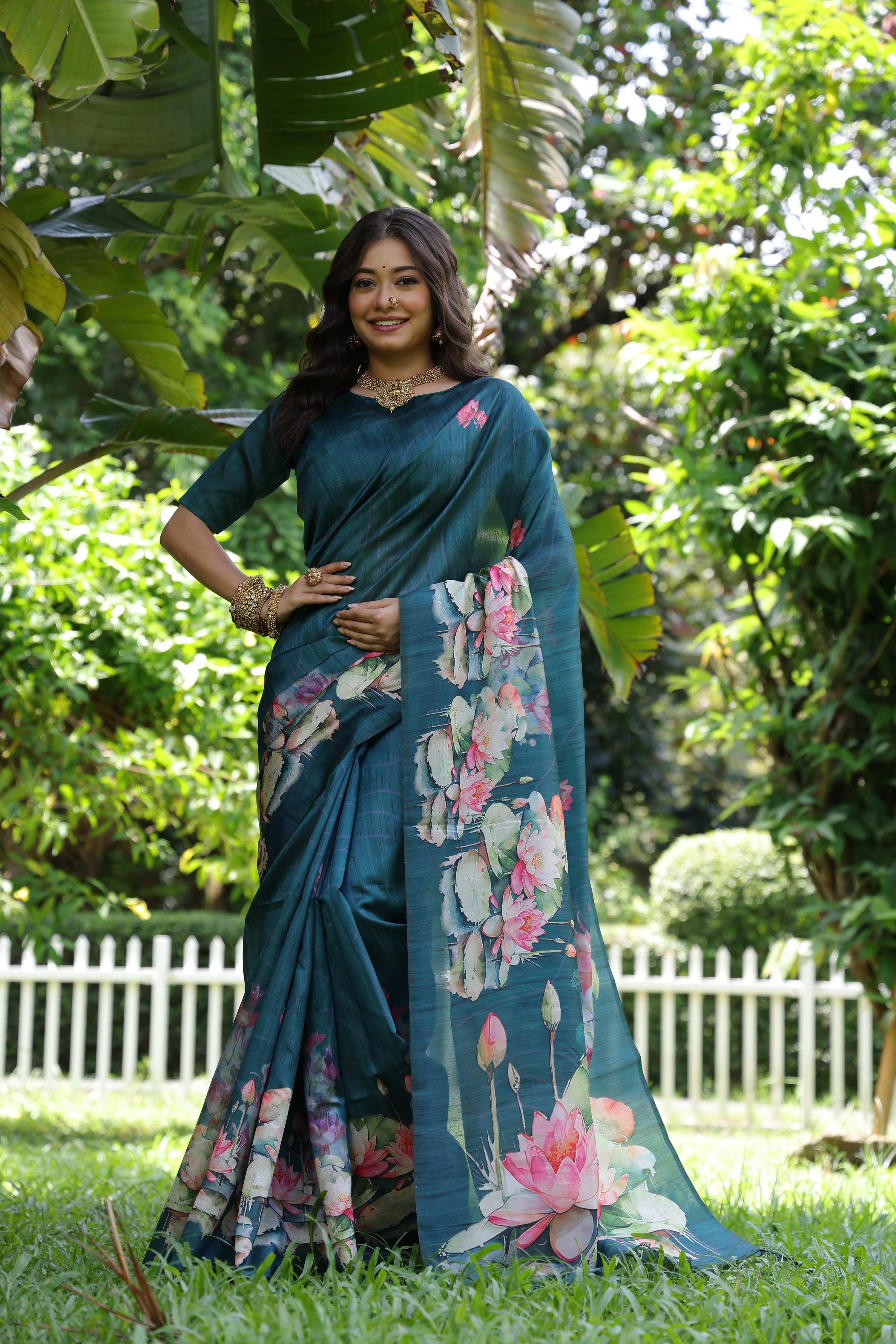 Jyoti Fashion Women's Teal Soft Tussar Silk Floral Printed Saree with Blouse - Distacart